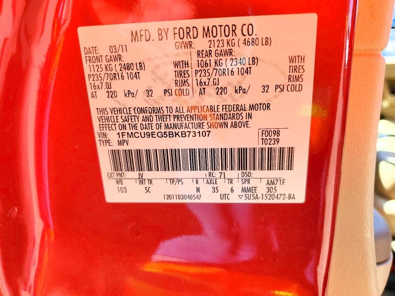 2011 Ford Escape მანქანა იყიდება აუქციონზე, vin: 1FMCU9EG5BKB73107, აუქციონის ნომერი: 58046676
