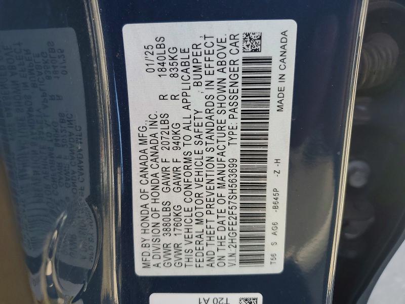 Aukcja sprzedaży 2025 Honda Civic, vin: 2HGFE2F57SH563699, numer aukcji: 58486246
