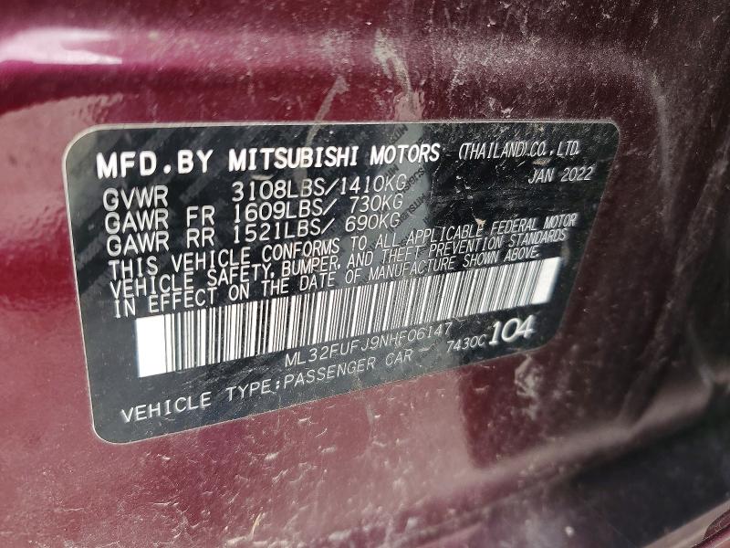 55169406 :رقم المزاد ، ML32FUFJ9NHF06147 vin ، 2022 Mitsubishi Mirage مزاد بيع