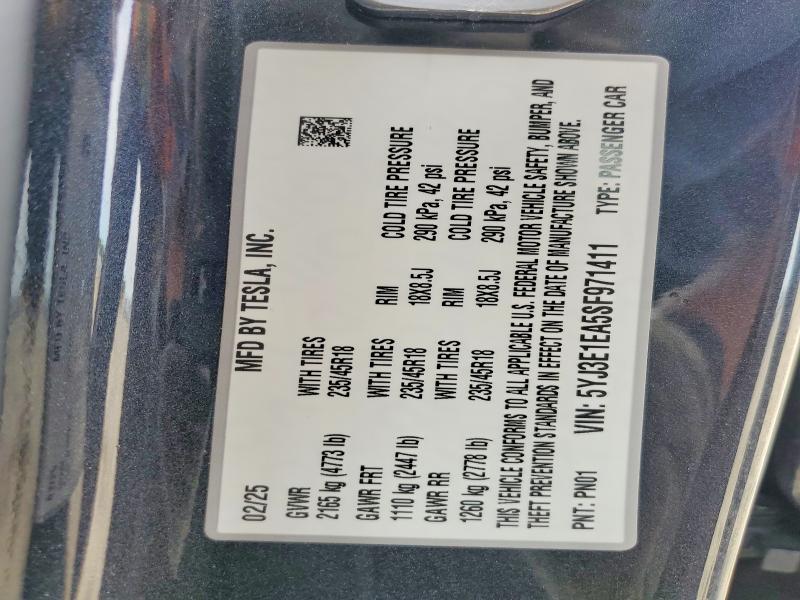 2025 Tesla Model 3 მანქანა იყიდება აუქციონზე, vin: 5YJ3E1EA5SF971411, აუქციონის ნომერი: 57892446