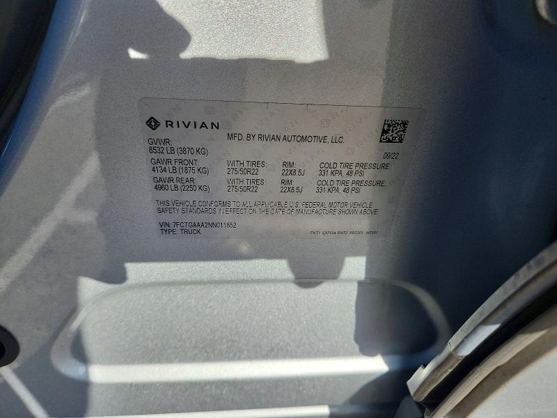 Aukcja sprzedaży 2022 Rivian R1t, vin: 7FCTGAAA2NN011852, numer aukcji: 56993916