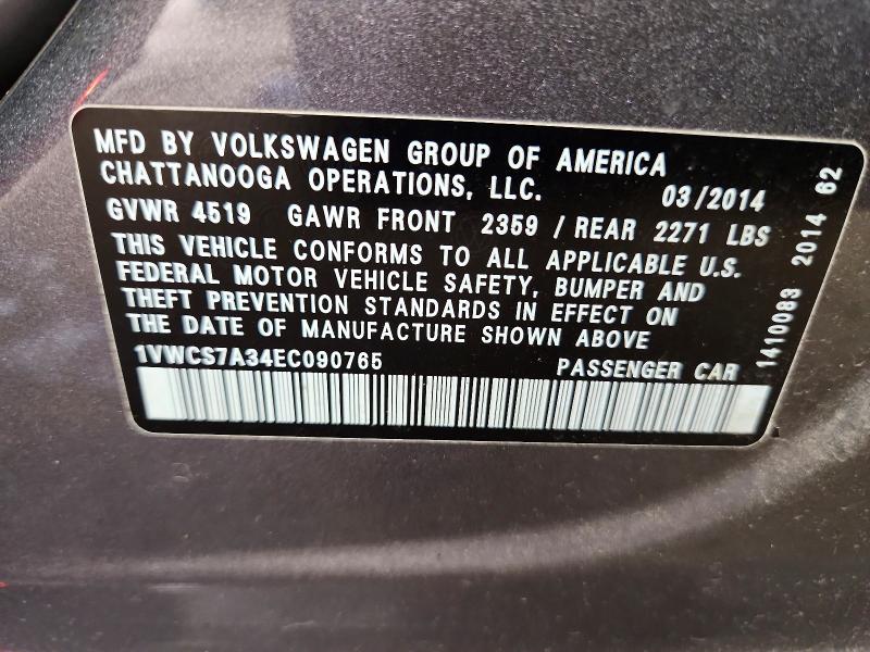 55220426 :رقم المزاد ، 1VWCS7A34EC090765 vin ، 2014 Volkswagen Passat مزاد بيع