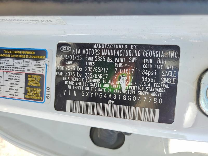 Aukcja sprzedaży 2016 Kia Sorento, vin: 5XYPG4A31GG047780, numer aukcji: 58273076