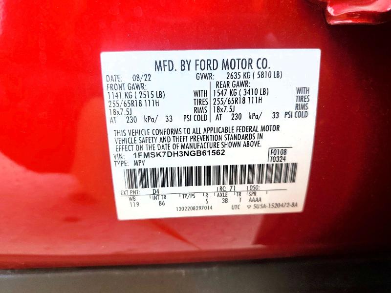 Продажа на аукционе авто 2022 Ford Explorer, vin: 1FMSK7DH3NGB61562, номер лота: 58822916