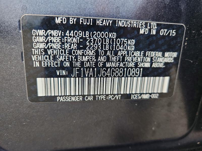 Продаж на аукціоні авто 2016 Subaru Wrx, vin: JF1VA1J64G8810891, номер лоту: 58731676
