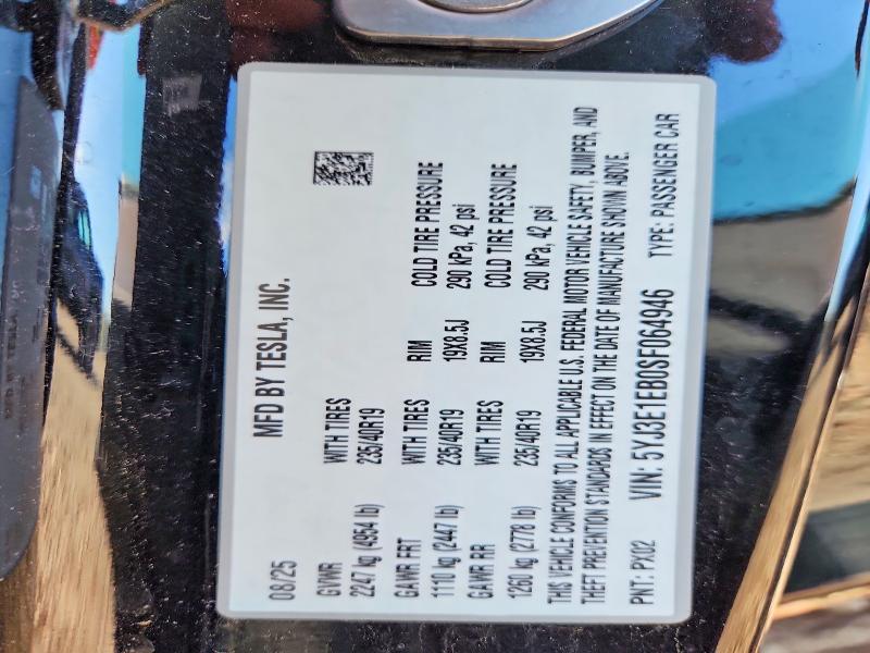 Продажа на аукционе авто 2025 Tesla Model 3, vin: 5YJ3E1EB0SF064946, номер лота: 57835026