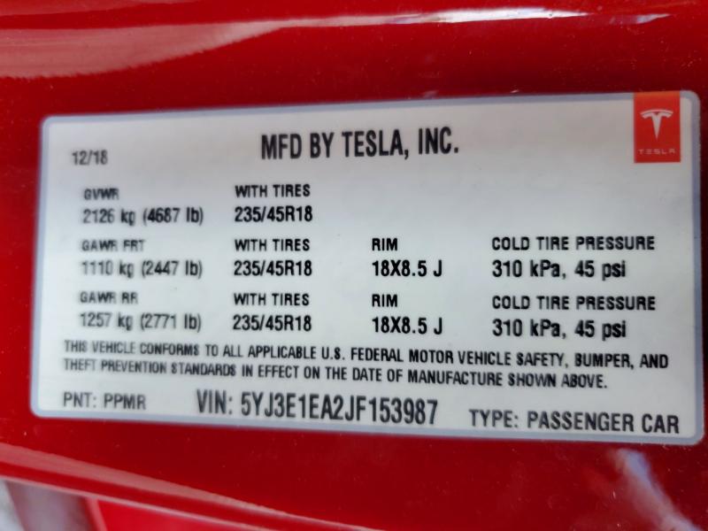 Продаж на аукціоні авто 2018 Tesla Model 3, vin: 5YJ3E1EA2JF153987, номер лоту: 57027186