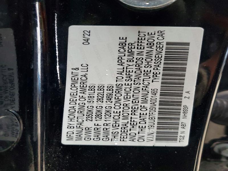 Auction sale of the 2022 Acura Tlx, vin: 19UUB7F05NA001465, lot number: 57462656