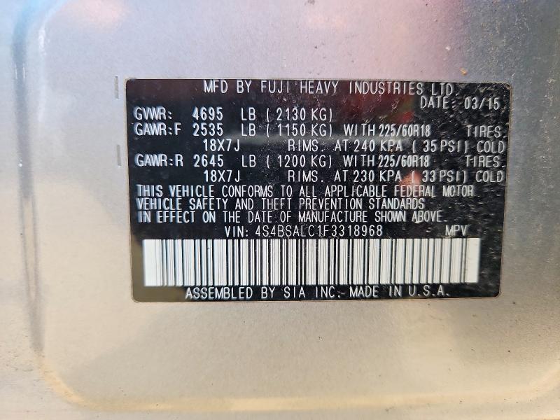 58803936 :رقم المزاد ، 4S4BSALC1F3318968 vin ، 2015 Subaru Outback مزاد بيع