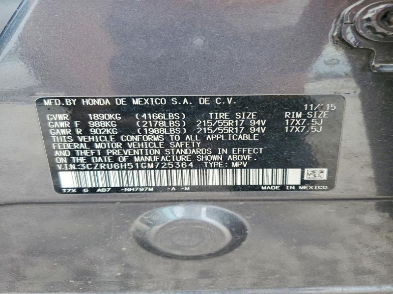 Продаж на аукціоні авто 2016 Honda Hr-v, vin: 3CZRU6H51GM725364, номер лоту: 57602846