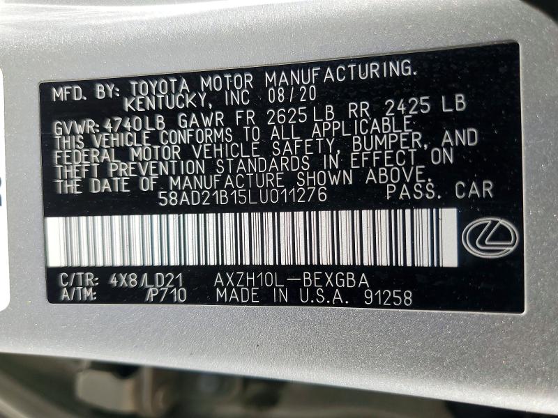 Aukcja sprzedaży 2020 Lexus Es, vin: 58AD21B15LU011276, numer aukcji: 57876446