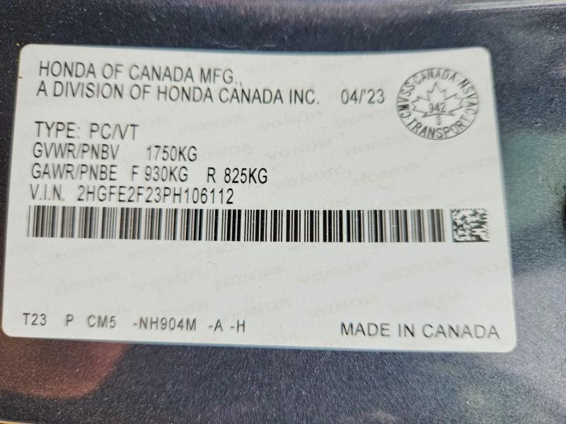 Продажа на аукционе авто 2023 Honda Civic, vin: 2HGFE2F23PH106112, номер лота: 57626676