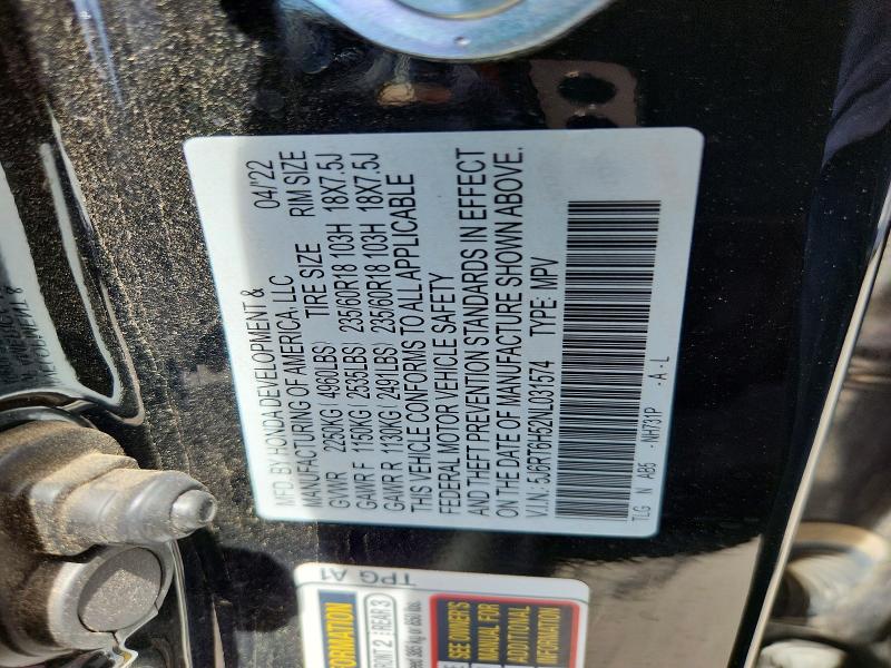 2022 Honda Cr-v მანქანა იყიდება აუქციონზე, vin: 5J6RT6H52NL031574, აუქციონის ნომერი: 57602666
