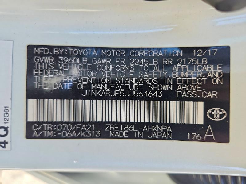 2018 Toyota Corolla Im მანქანა იყიდება აუქციონზე, vin: JTNKARJE5JJ564643, აუქციონის ნომერი: 56168686