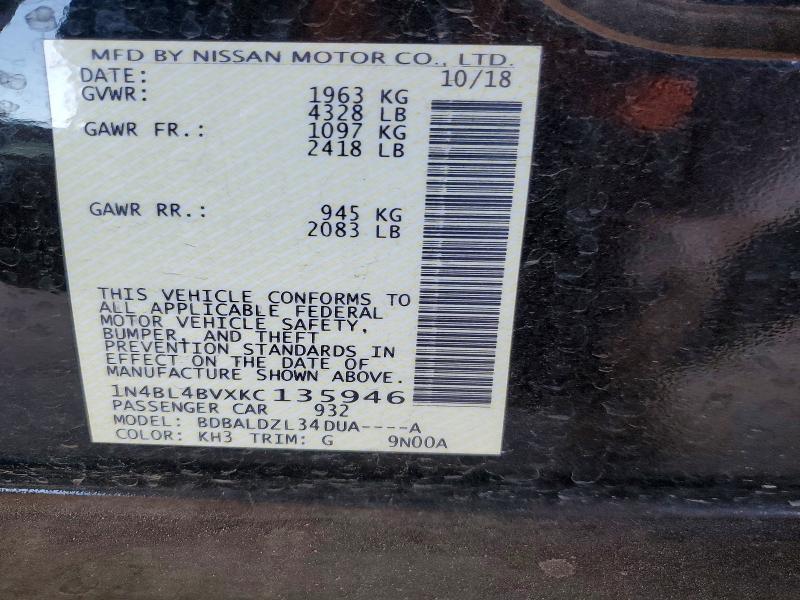 56609896 :رقم المزاد ، 1N4BL4BVXKC135946 vin ، 2019 Nissan Altima مزاد بيع