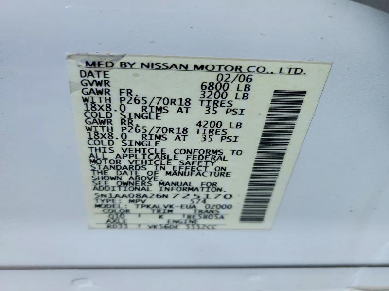 58393946 :رقم المزاد ، 5N1AA08A26N725170 vin ، 2006 Nissan Armada Se/le مزاد بيع