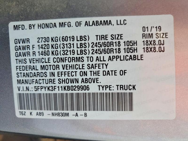 Aukcja sprzedaży 2019 Honda Ridgeline, vin: 5FPYK3F11KB029906, numer aukcji: 57833476