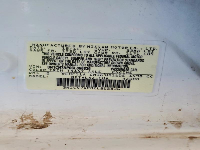 2012 Nissan Versa მანქანა იყიდება აუქციონზე, vin: 3N1CN7AP0CL868836, აუქციონის ნომერი: 58141346