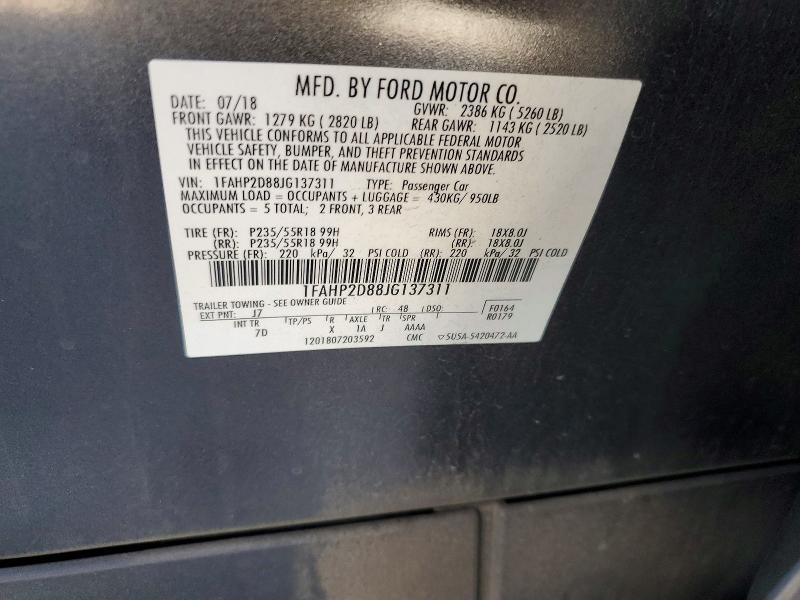 56549716 :رقم المزاد ، 1FAHP2D88JG137311 vin ، 2018 Ford Taurus مزاد بيع