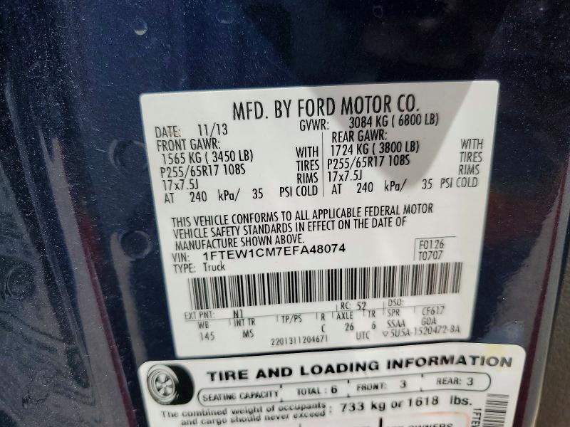 59173946 :رقم المزاد ، 1FTEW1CM7EFA48074 vin ، 2014 Ford F150 مزاد بيع