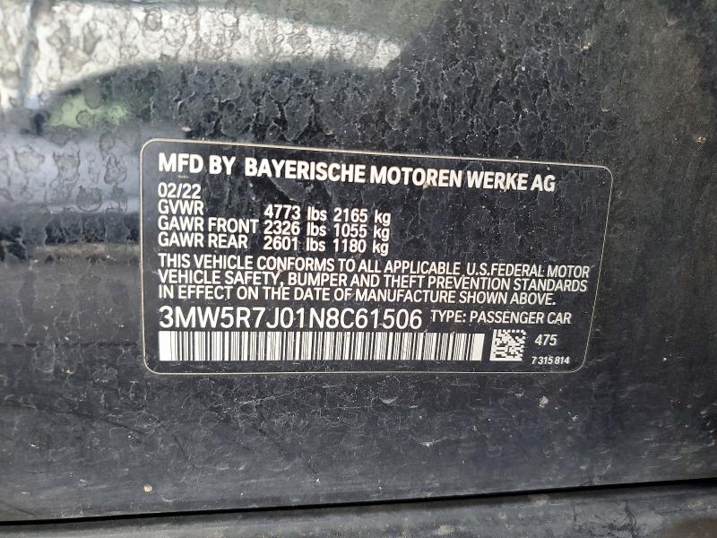 Aukcja sprzedaży 2022 Bmw 330xi, vin: 3MW5R7J01N8C61506, numer aukcji: 55639336