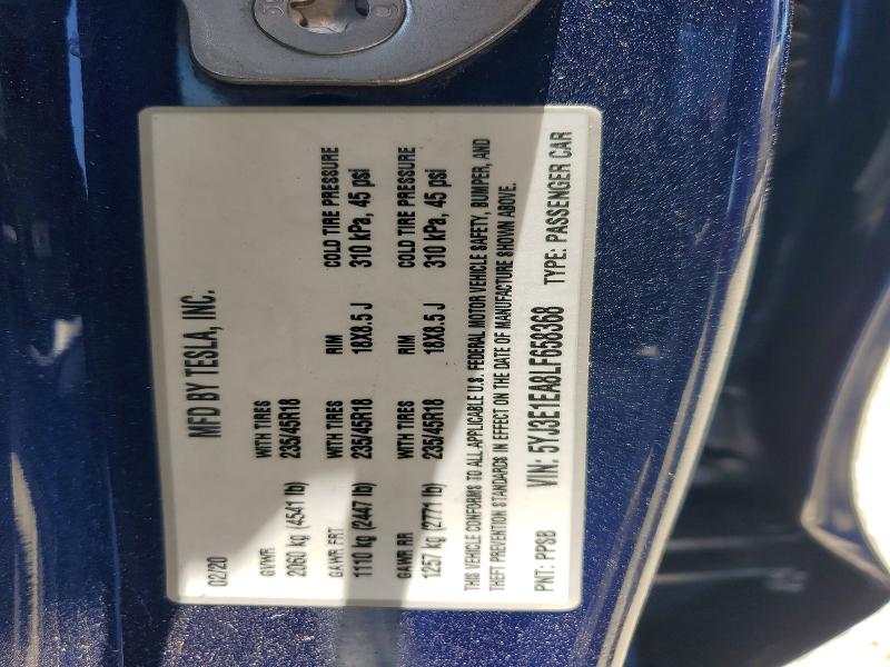 2020 Tesla Model 3 მანქანა იყიდება აუქციონზე, vin: 5YJ3E1EA8LF658368, აუქციონის ნომერი: 55463236
