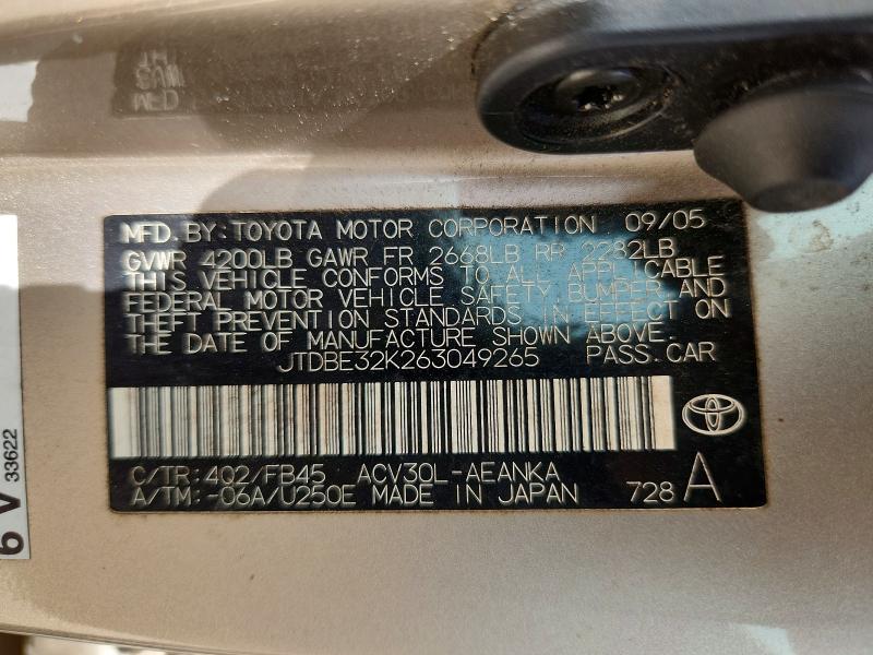 2006 Toyota Camry მანქანა იყიდება აუქციონზე, vin: JTDBE32K263049265, აუქციონის ნომერი: 56146036