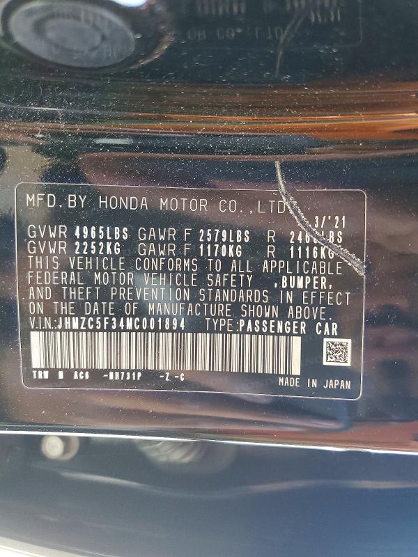 Продажа на аукционе авто 2021 Honda Clarity, vin: JHMZC5F34MC001894, номер лота: 56529916