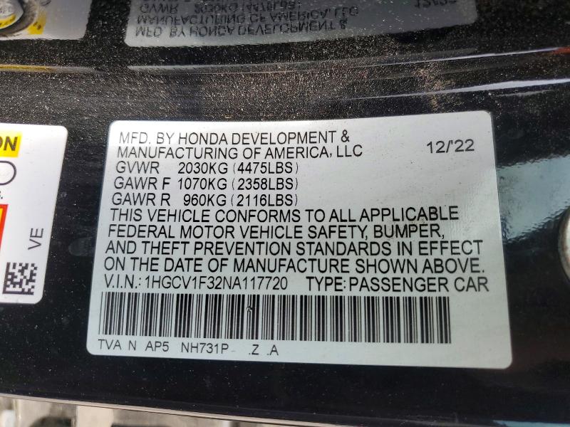2022 Honda Accord მანქანა იყიდება აუქციონზე, vin: 1HGCV1F32NA117720, აუქციონის ნომერი: 56883996