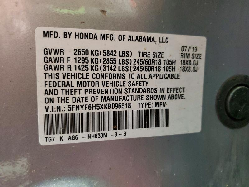 Aukcja sprzedaży 2019 Honda Pilot, vin: 5FNYF6H5XKB096518, numer aukcji: 57200176