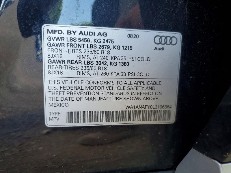 2020 Audi Q5 მანქანა იყიდება აუქციონზე, vin: WA1ANAFY0L2106864, აუქციონის ნომერი: 56594906