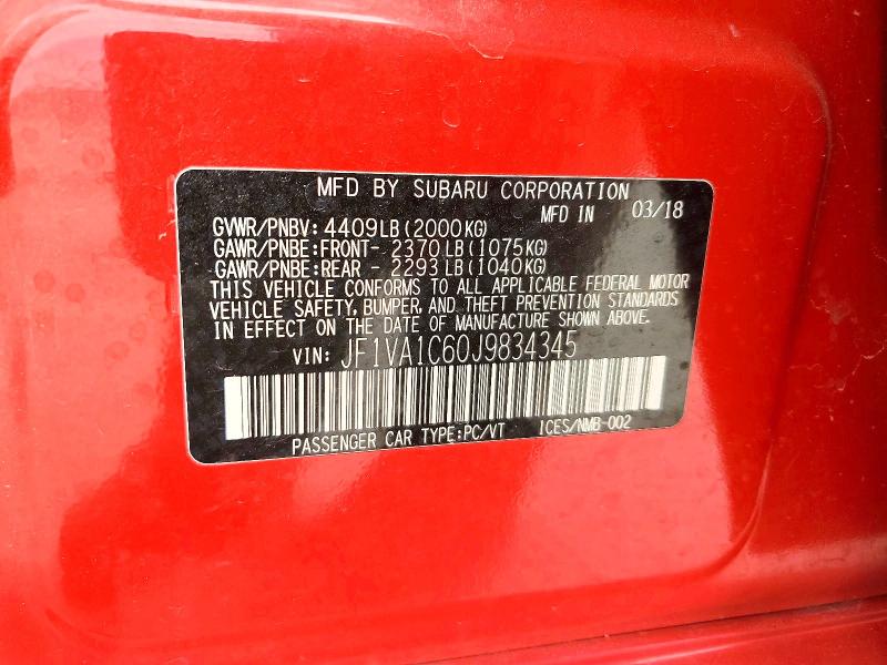 Aukcja sprzedaży 2018 Subaru Wrx, vin: JF1VA1C60J9834345, numer aukcji: 54458276