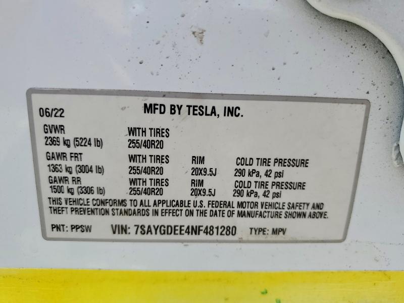 Продажа на аукционе авто 2022 Tesla Model Y, vin: 7SAYGDEE4NF481280, номер лота: 58318296