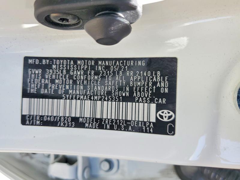 Aukcja sprzedaży 2021 Toyota Corolla, vin: 5YFEPMAE4MP245351, numer aukcji: 58317866