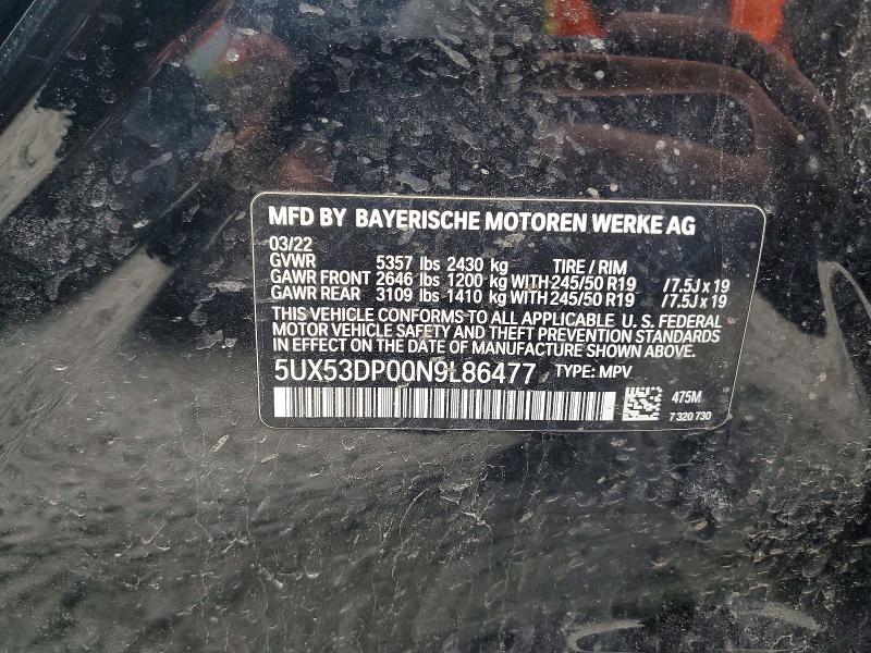 Продаж на аукціоні авто 2022 Bmw X3, vin: 5UX53DP00N9L86477, номер лоту: 58016286