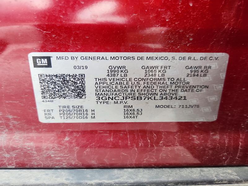 Продаж на аукціоні авто 2019 Chevrolet Trax, vin: 3GNCJPSB7KL343421, номер лоту: 54925416