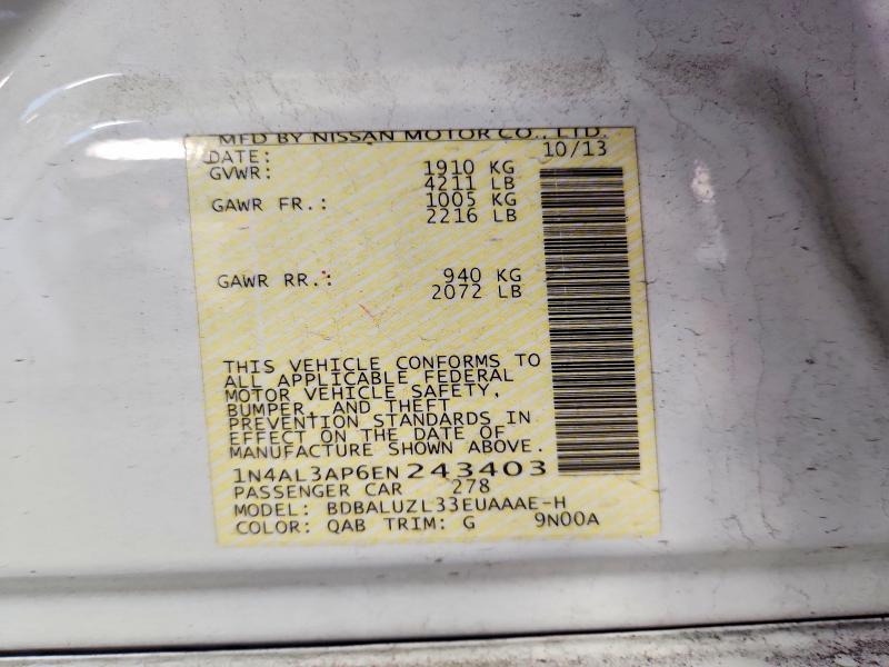 Продажа на аукционе авто 2014 Nissan Altima, vin: 1N4AL3AP6EN243403, номер лота: 58072406