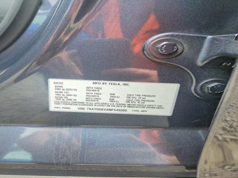 2022 Tesla Model Y მანქანა იყიდება აუქციონზე, vin: 7SAYGDEE8NF549306, აუქციონის ნომერი: 57888876