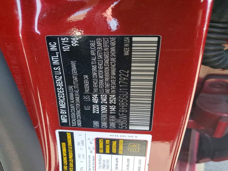 56511766 :رقم المزاد ، 55SWF8HB5GU117922 vin ، 2016 Mercedes-benz C مزاد بيع