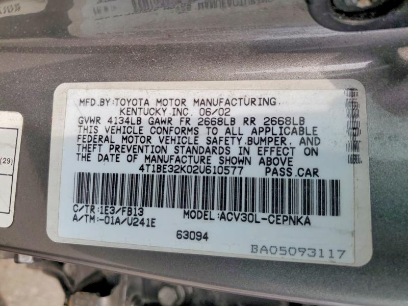 Продаж на аукціоні авто 2002 Toyota Camry, vin: 4T1BE32K02U610577, номер лоту: 58240036