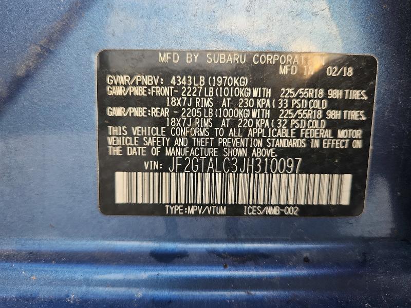 2018 Subaru Crosstrek მანქანა იყიდება აუქციონზე, vin: JF2GTALC3JH310097, აუქციონის ნომერი: 58361846