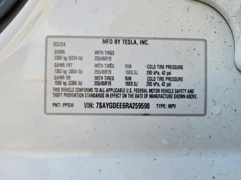 2024 Tesla Model Y მანქანა იყიდება აუქციონზე, vin: 7SAYGDEE6RA259598, აუქციონის ნომერი: 57943876