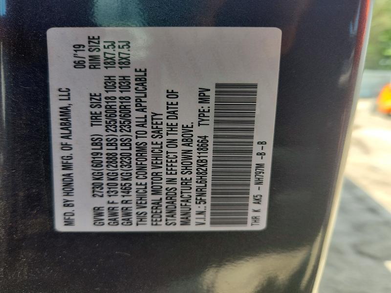 55551366 :رقم المزاد ، 5FNRL6H82KB118664 vin ، 2019 Honda Odyssey مزاد بيع
