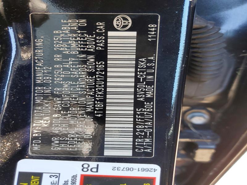 56308596 :رقم المزاد ، 4T1BF1FK3CU172165 vin ، 2012 Toyota Camry مزاد بيع