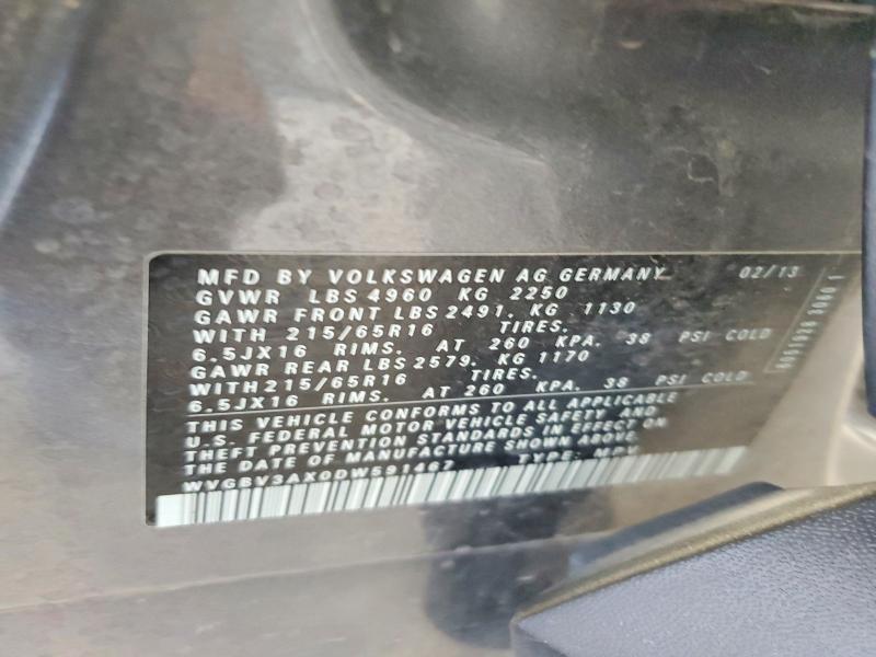 56354206 :رقم المزاد ، WVGBV3AX0DW591467 vin ، 2013 Volkswagen Tiguan مزاد بيع