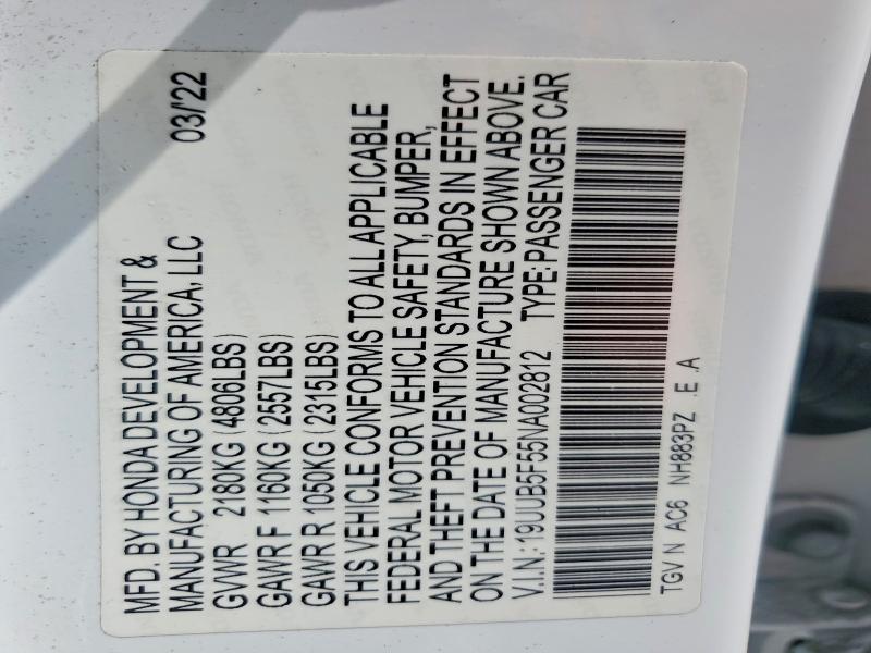 57163776 :رقم المزاد ، 19UUB5F55NA002812 vin ، 2022 Acura Tlx مزاد بيع