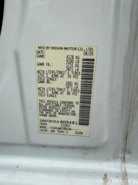 Aukcja sprzedaży 2020 Nissan Nv, vin: 1N6BF0KY0LN809481, numer aukcji: 56282526