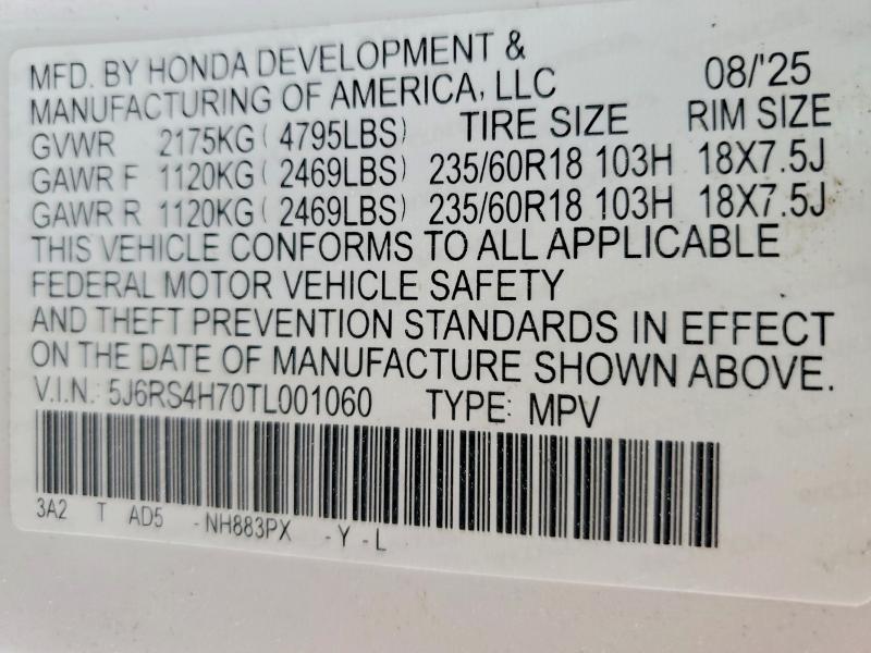 2026 Honda Cr-v მანქანა იყიდება აუქციონზე, vin: 5J6RS4H70TL001060, აუქციონის ნომერი: 53741516