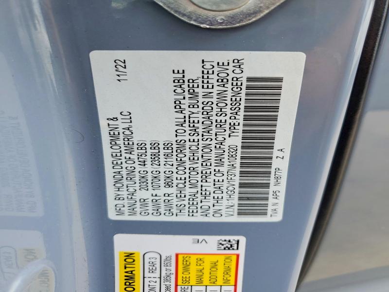 57490096 :رقم المزاد ، 1HGCV1F37NA108320 vin ، 2022 Honda Accord مزاد بيع