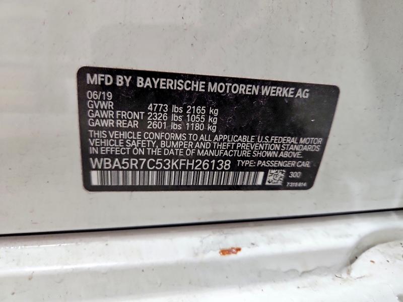 58601566 :رقم المزاد ، WBA5R7C53KFH26138 vin ، 2019 Bmw 330xi مزاد بيع